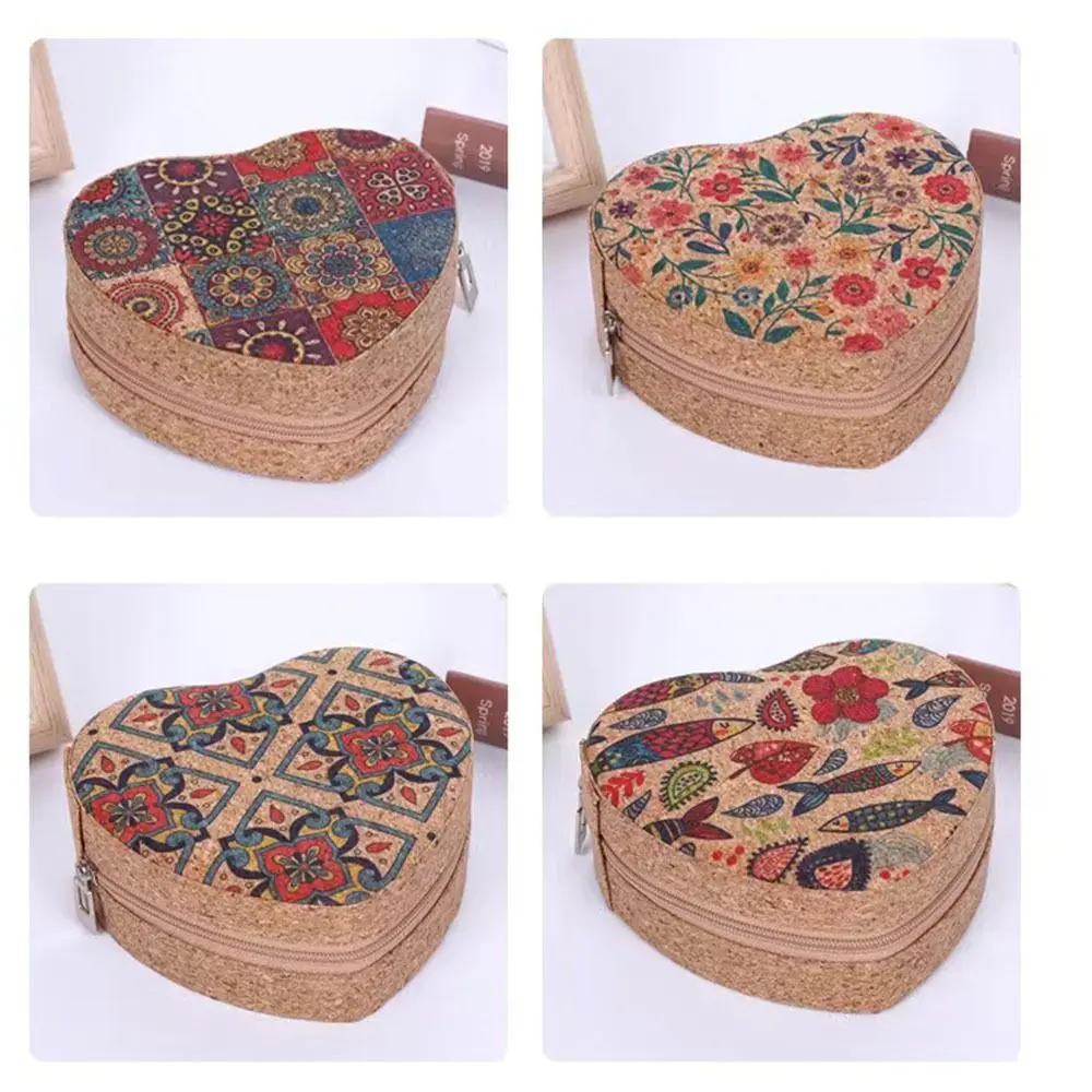 Zipper Heart Shaped Jewelry Box Portable Vintage Ring Earrings Organizer Flowers Bohemia Cork Jewelry Storage Case