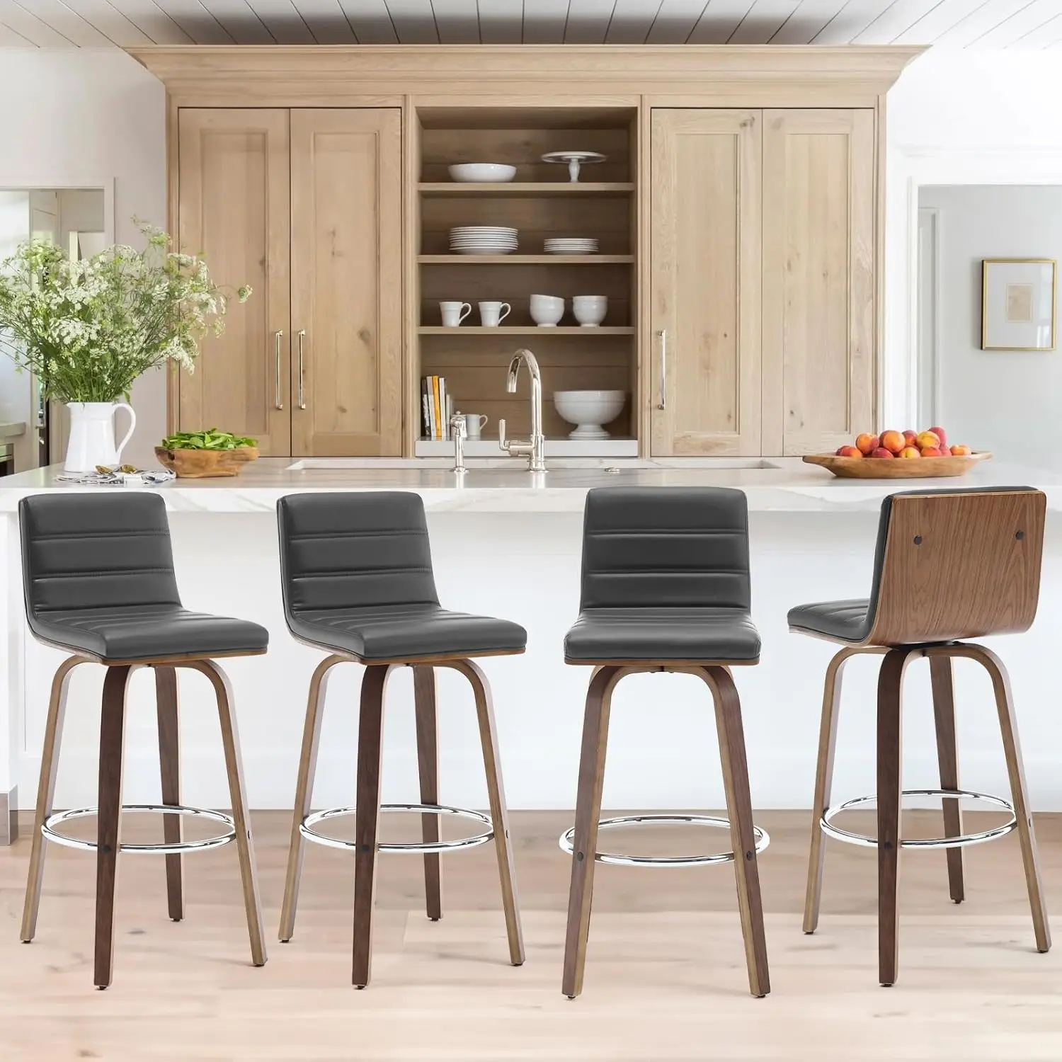 

Upholstered PU Leather Barstool, L Shape Back and Padded Seat, Mid-Century Modern Bar Stool Chairs for Kitchen Island, Grey