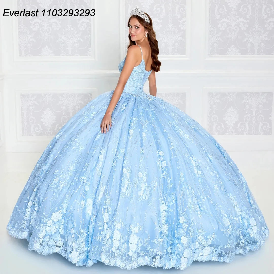 EVLAST-Robe princesse Quinceanera bleu ciel, robe de Rh, appliques en dentelle, perles spaghetti, Mexique, Sweet 16, TQD334