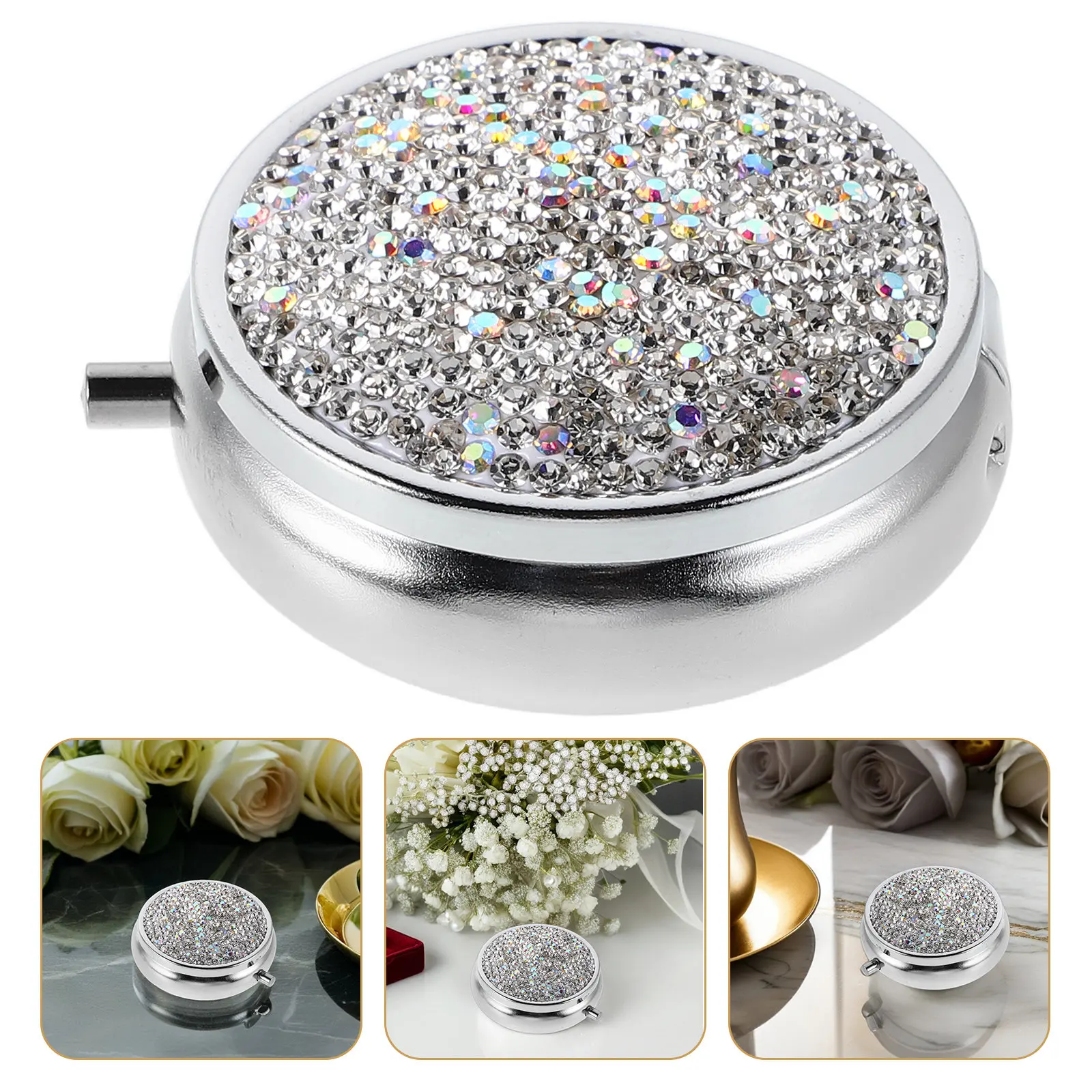Elegant Rhinestone Mini Pill Organizer Compact Metal Medicine Storage Box for Women Travel Office Daily Use Pocket Purse Jewelry