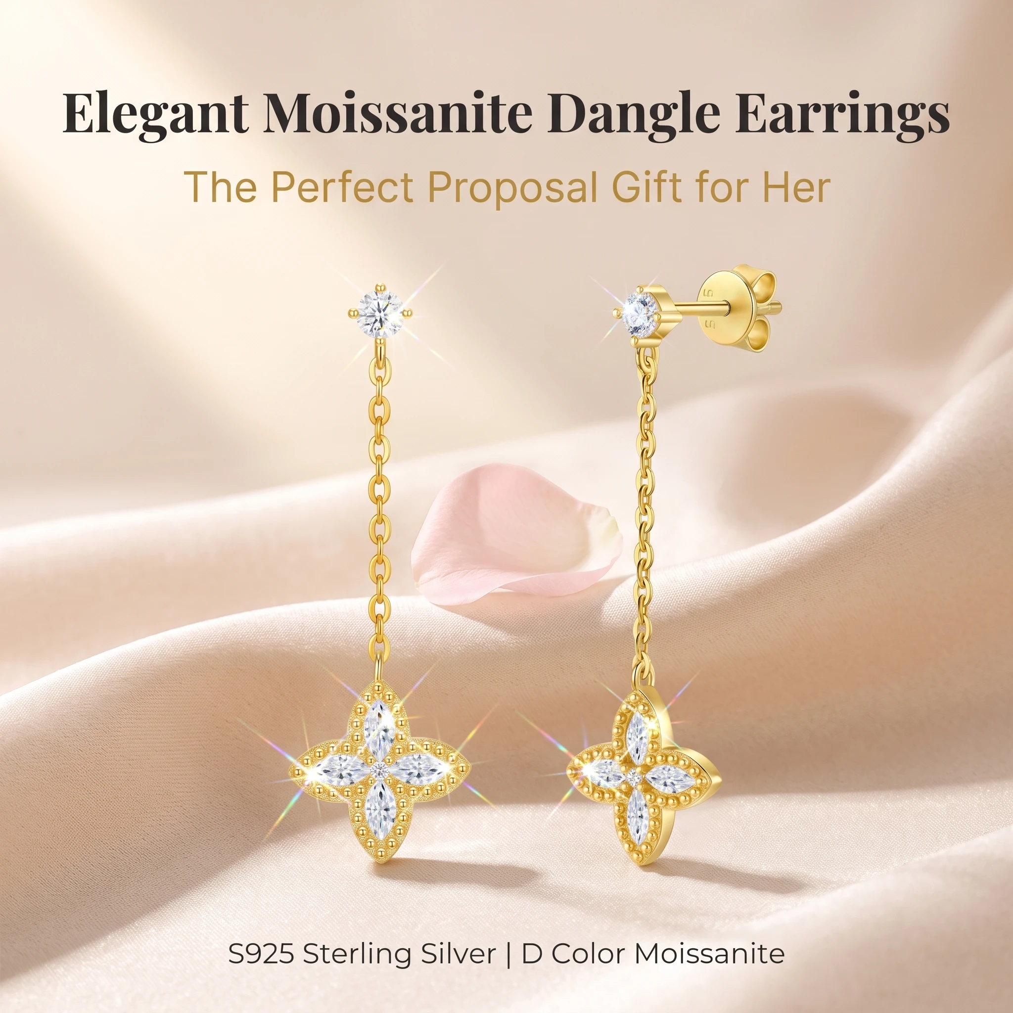 925 Sterling Silver 18K Gold Plated Four Leaf Clover Drop Earrings D Color Moissanite Long Tassel Earring For Women GRA Certifie