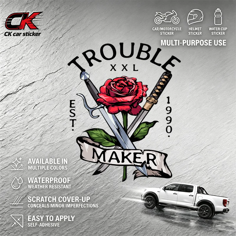 Creativity Car Vinyl DecalTrouble Maker Rose Sticker, Crossed Swords Decalfor Car Motorcycle Laptop Auto Body Decoration