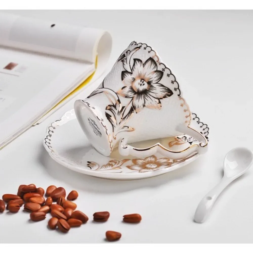 Embossed Flower Coffee Cups and Saucers with Golden Ceramic Cups with Cups Holding Milk Coffee Mugs Latte Flower Mugs 200ML