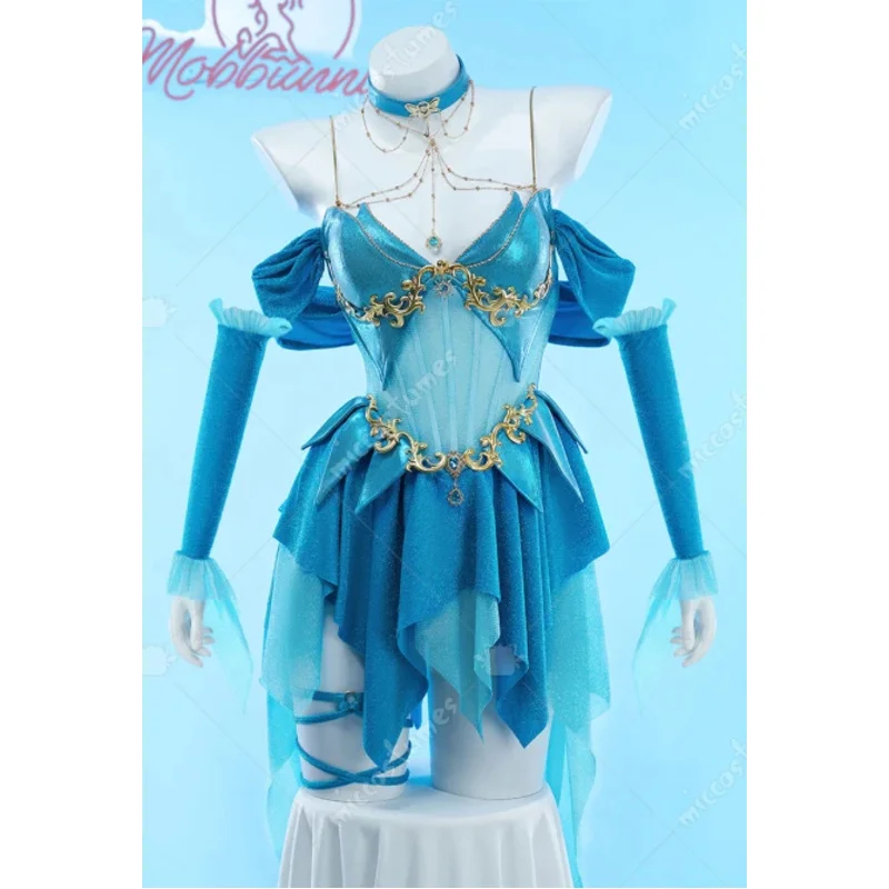 

MOBBUNNY женское сексуальное нижнее белье Bloom, платье с глубоким вырезом, нерегулярное синее платье с рукавами, колье, костюм для косплея