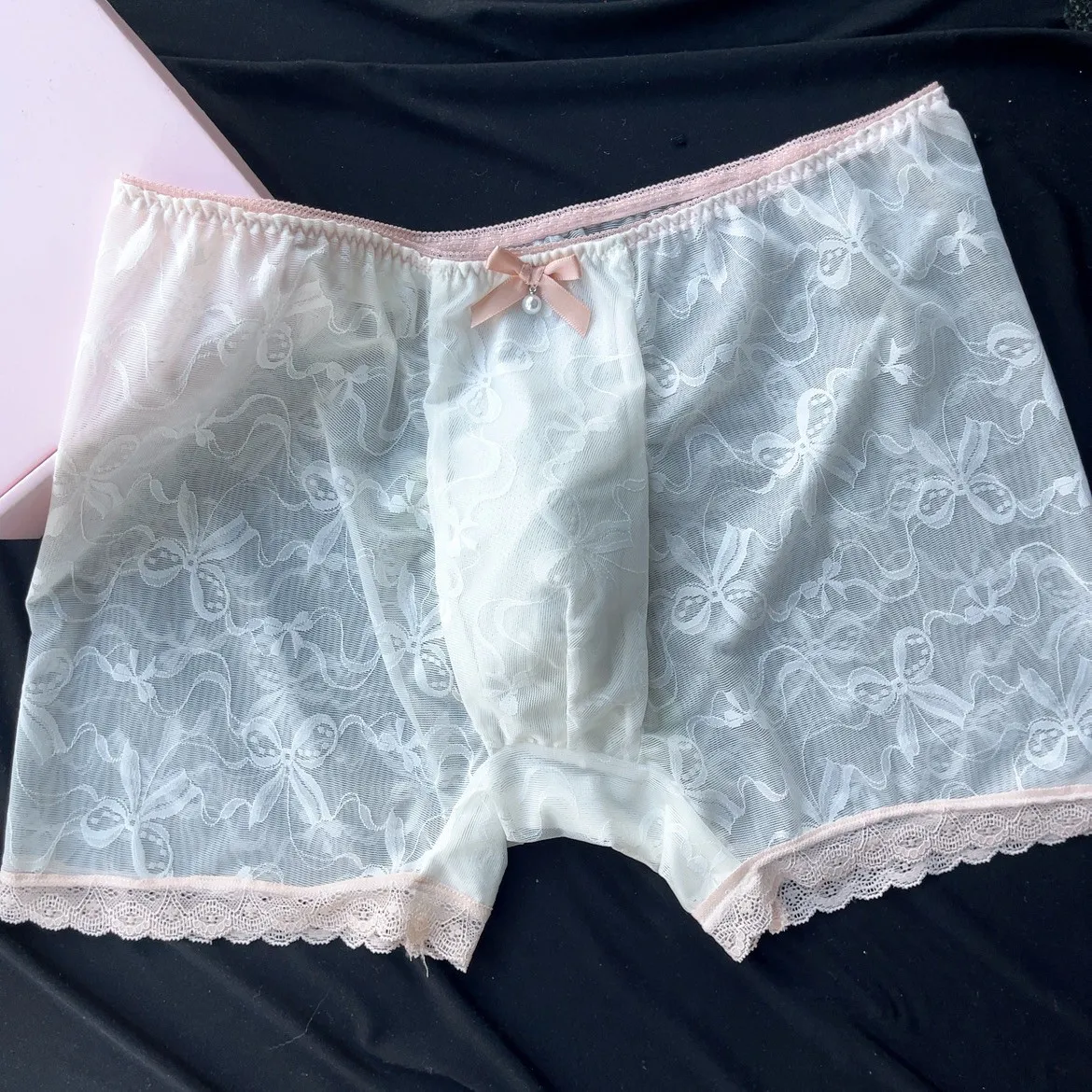 Man's Cute Lace Embroidery Half Sheer Graphics BF Panties Briefs Boxer Harajuku LGBQT