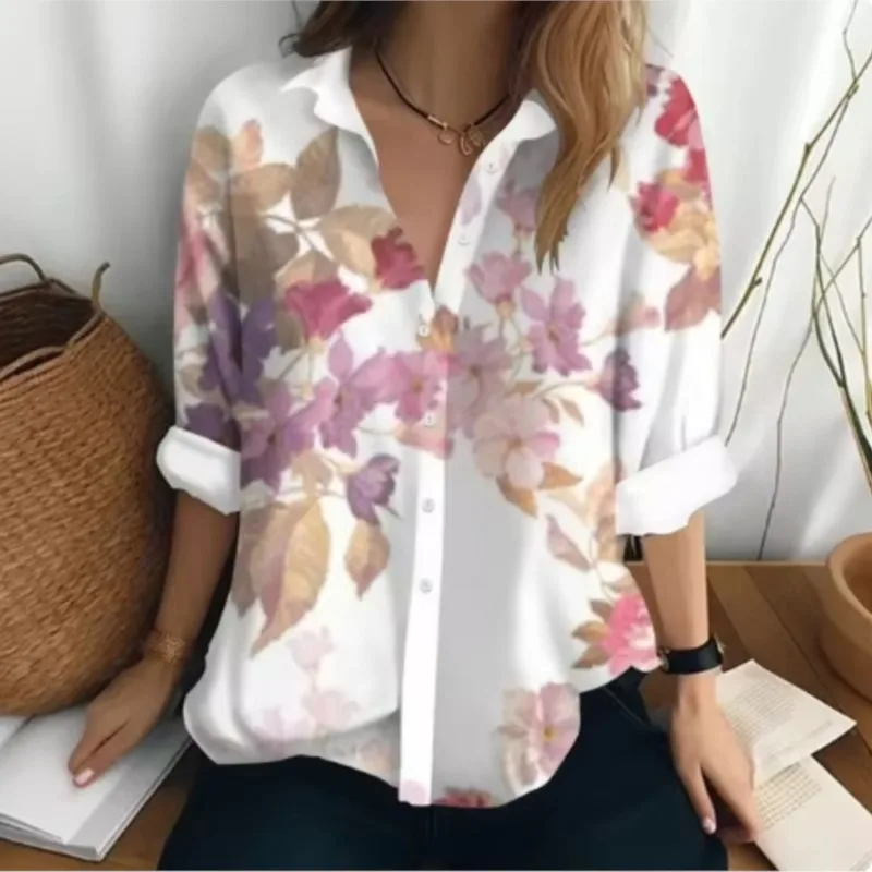 New women's long sleeved shirt with floral printed patterns personalized and elegant party collar button up shirt women's top