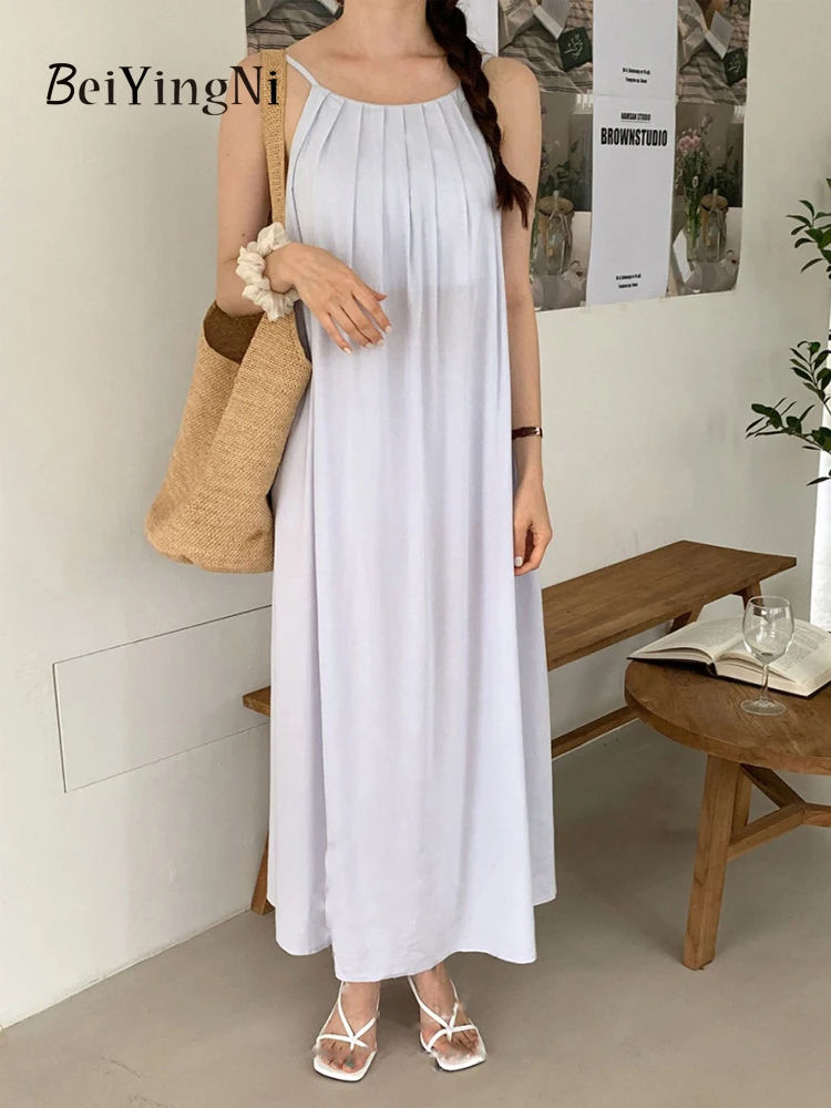 Beiyingni Sexy Straps Pleated Loose Midi Dresses Women Simple Backless Sleeveless Chiffon Casual Party Dress Female Vestidos