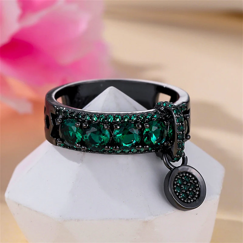 Charm Female Green Zircon Stone Ring Cute Black Gold Color Wedding Jewelry For Women