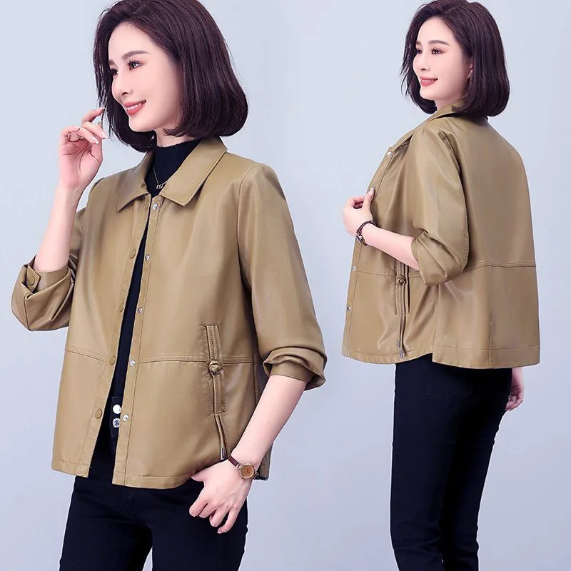 Women's Solid Color Turn-down Collar Single Breasted Side Drawstring Waist Long Sleeve Faux Leather Jacket Comfort Commute Coat