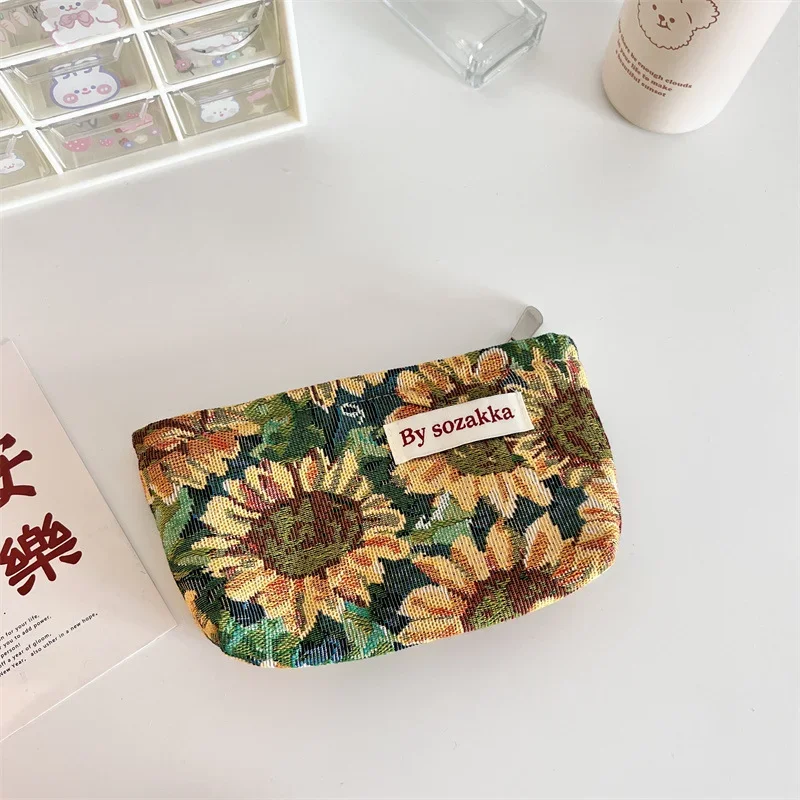 French Embossed Flowers Travel Cosmetic Storage Bag Wallet Cute Women Makeup Kits Handbags Phone Pencil Case Organizer Pouch Bag