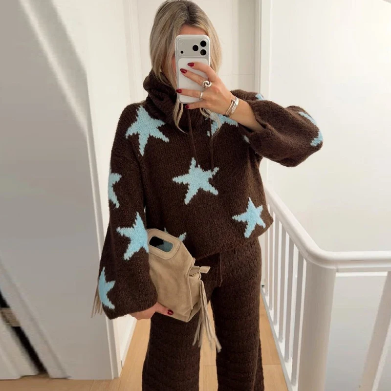 Women Pattern Star Print Jacquard Knit Sweater Turtleneck Drawstring Long Sleeve Cropped Pullover Vintage Soft Fuzzy Knitted Top