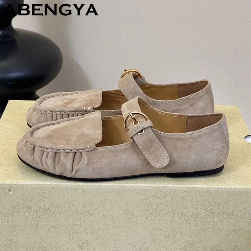 

Early Spring Flat Shoes For Woman Suede Leather Buckle Strap Loafers Woman Round Toe Ballet Flats Shoes Women