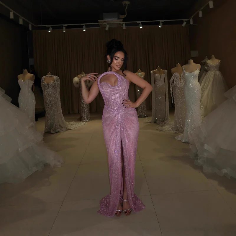 

2025 модное новое розовое трехмерное декоративное сетчатое платье без бретелек с горячей нашивкой, тонкое плиссированное сексуальное вечернее платье с разрезом