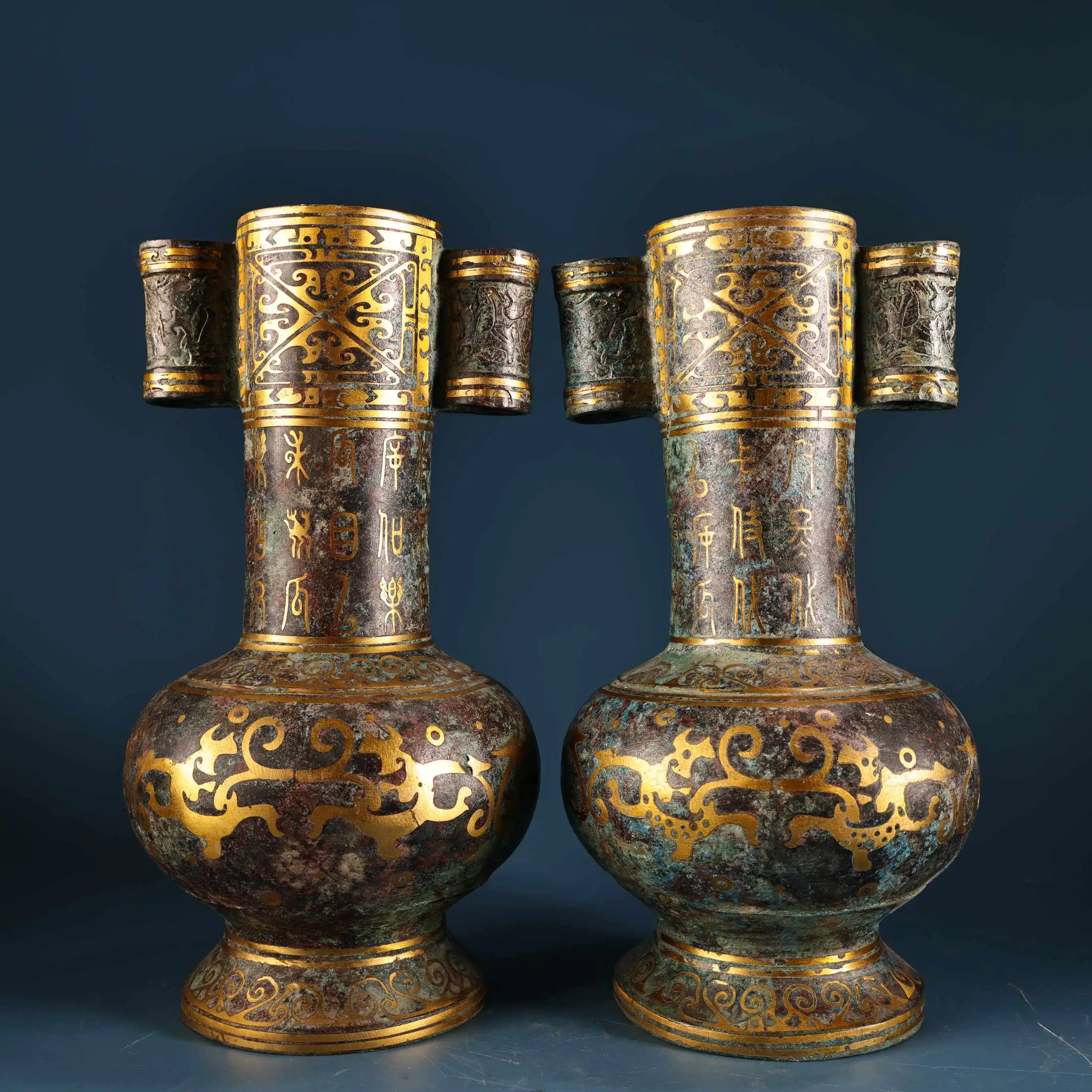 Antique Bronze Gold Inlaid Pot Throwing Vessel Pair Heavy Patina Exquisite Collectible Home Decor