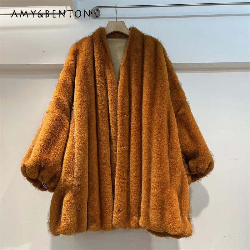 

Autumn Winter New Faux Mink Fur Coat Women's Mid-Length Plush V-Neck Loose Warm Comfortable Single-breasted Woolen Top Jacket