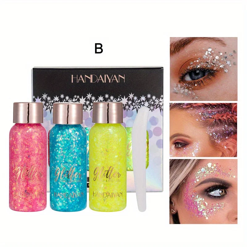 3-kleuren glittergel oogschaduwset voor lippen, ogen, haar, lichaam, gezicht, paars, blauw, groen, goud, perfect voor feestmake-up en decoratie