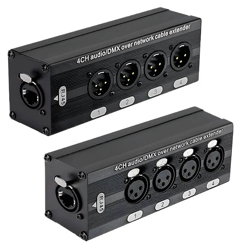 

CAT5 RJ45 to 4 Channel 3Pin XLR/DMX Audio Extender DMX512 Network Signal gilding Extender For Live Stage Audio Recording Studio