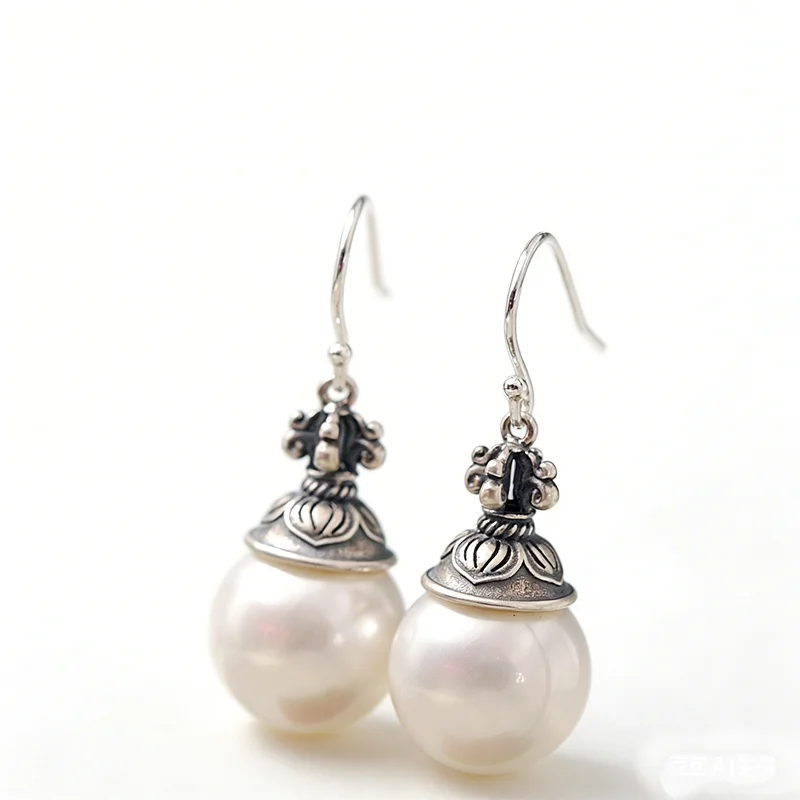 

Ethnic Retro S925 Sterling Silver Earrings Inlaid Imitation Pearl Drop Earring for Daily Wear Vintage Fashion Jewelry Gift