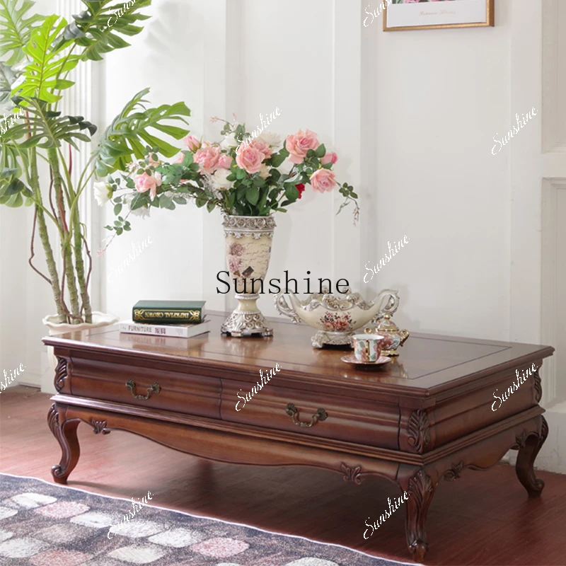 

American coffee table solid wood living room storage engraving retro old design square desktop FT