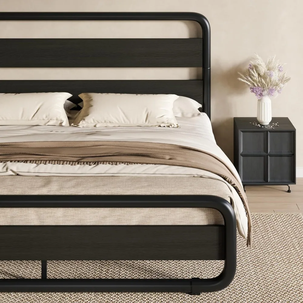 Metalen Bedframe Met Houten Hoofdeinde En Treeplank, Zwaar Ovaal Platformbed Met Opbergruimte Onder Het Bed, Geluidsvrij