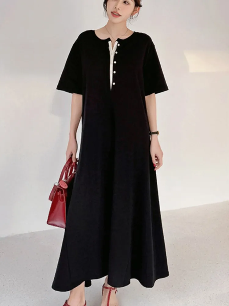 وهمية قطعتين الصيف فضفاض تي شيرت حجم كبير فساتين طويلة رداء Elbise قصيرة الأكمام المرأة الكورية ألف خط السيدات فساتين متوسطة الطول