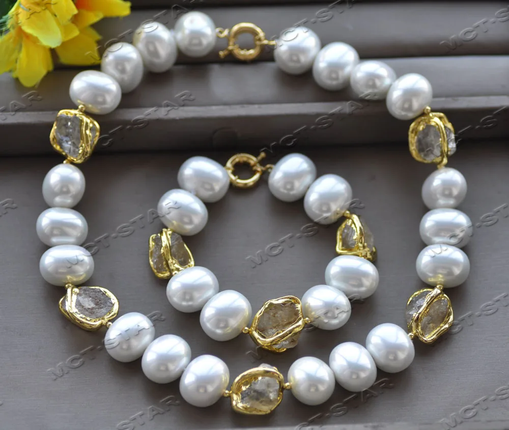 Z12517 Set 20mm White Egg Shell Pearl Baroque Citrine Gold-Plated Necklace Bracelet