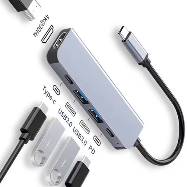 Hub USB-C do HDMI 4K, USB 3.0/2.0, z funkcją ładowania PD typu C do MacBooka, iPada, Samsunga S10, Dex TV, myszy, klawiatury, dysku U