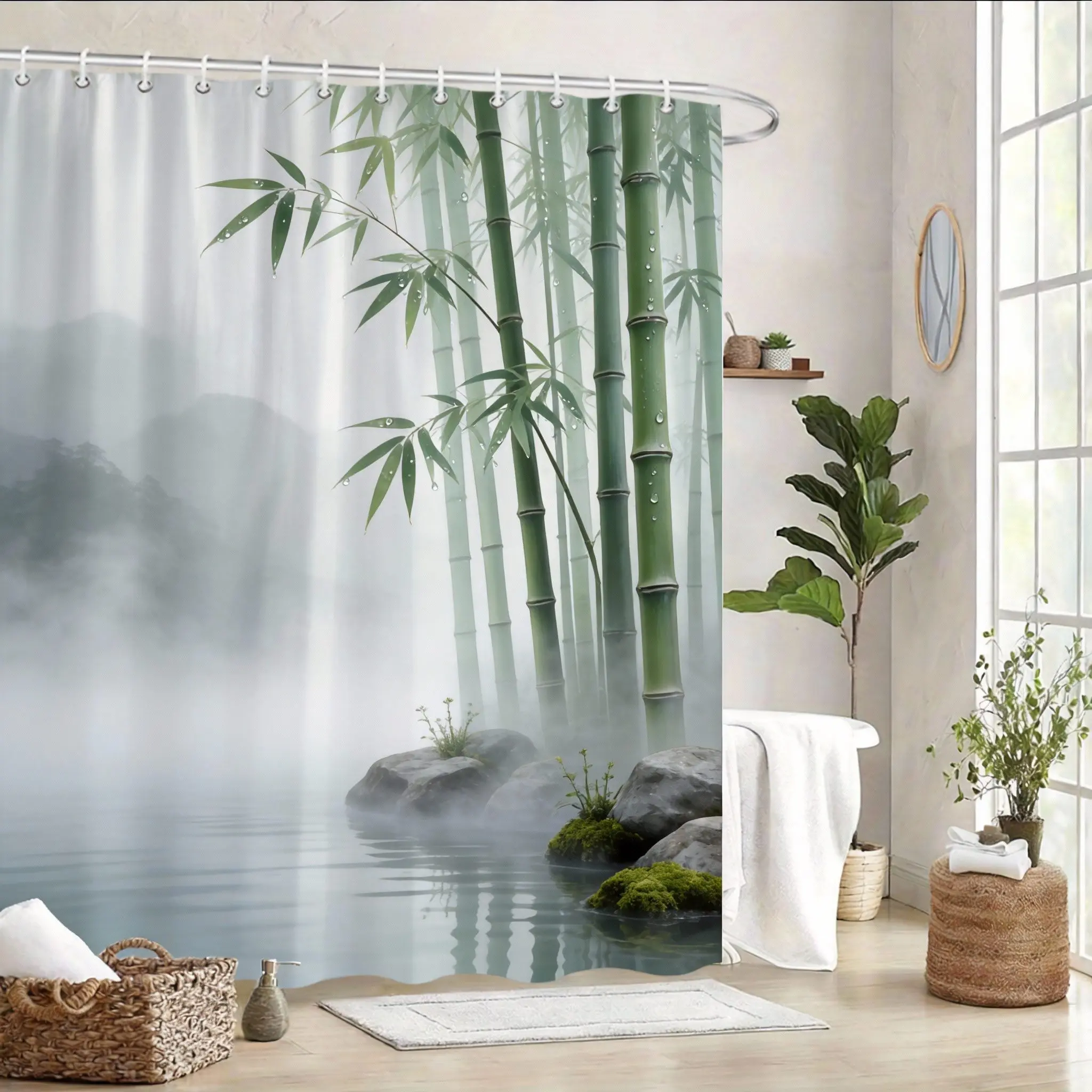 Zen Bamboo Shower Curtain 180x180cm – Minimalist Forest Design, Calming Bathroom Decor Gift, 12 Hooks