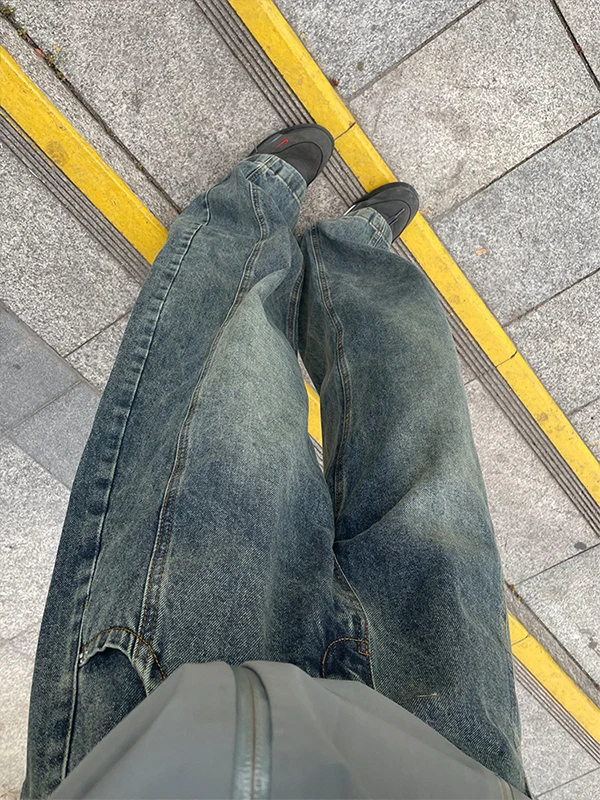 

Retro Blue Wide Leg Men's Jeans Loose Fit American Sle Casual Winter Workwear Trousers Straight Cut Loose Flared Pants