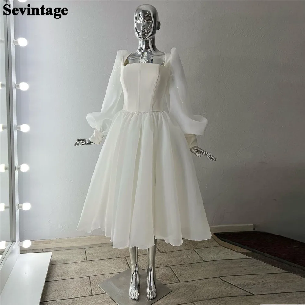 

Sevintage Ivory Organza Short Prom Dresses Puff Long Sleeves Corset Back Homecoming Gowns Graduation Party Formal Evening Dress