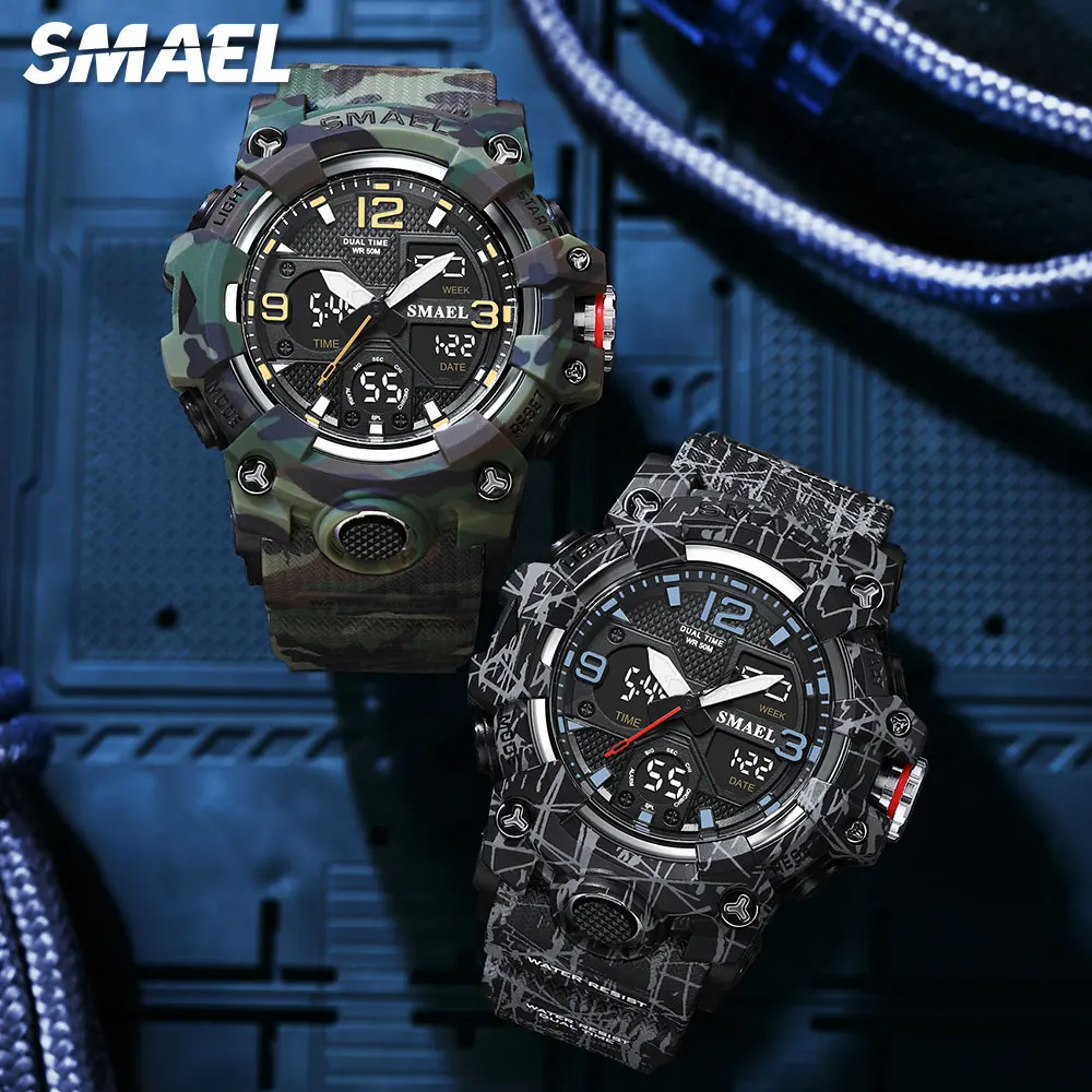 SMAEL Military Sport Watches for Men LED Dual Time Display Digital Wristwatch Fashion Waterproof Chronograph Quartz Watch Male