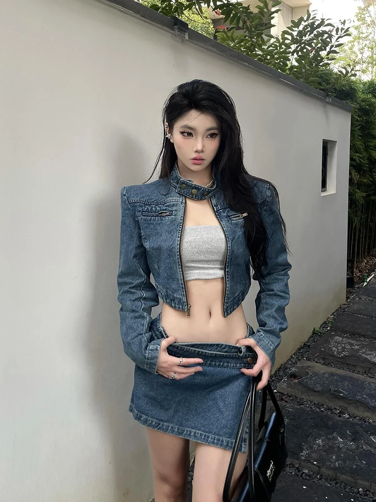 

Strive Umei American Style Sexy Slimming Denim Jacket And Skirt Set for plus Size Women Spring Summer Fashion Outfit