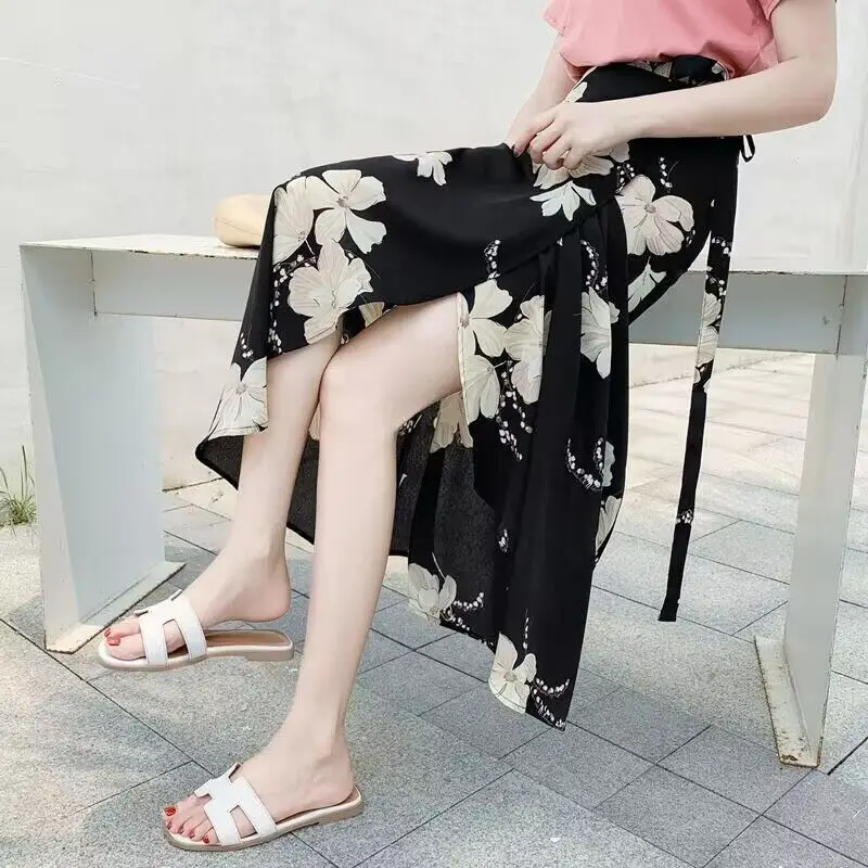 Zomer Dames Casual Bloemen Gedrukt Strandrok 2023 Mode Koreaanse Temperament Hoge Taille Splitrok Zomer Vrouwelijke Kleding