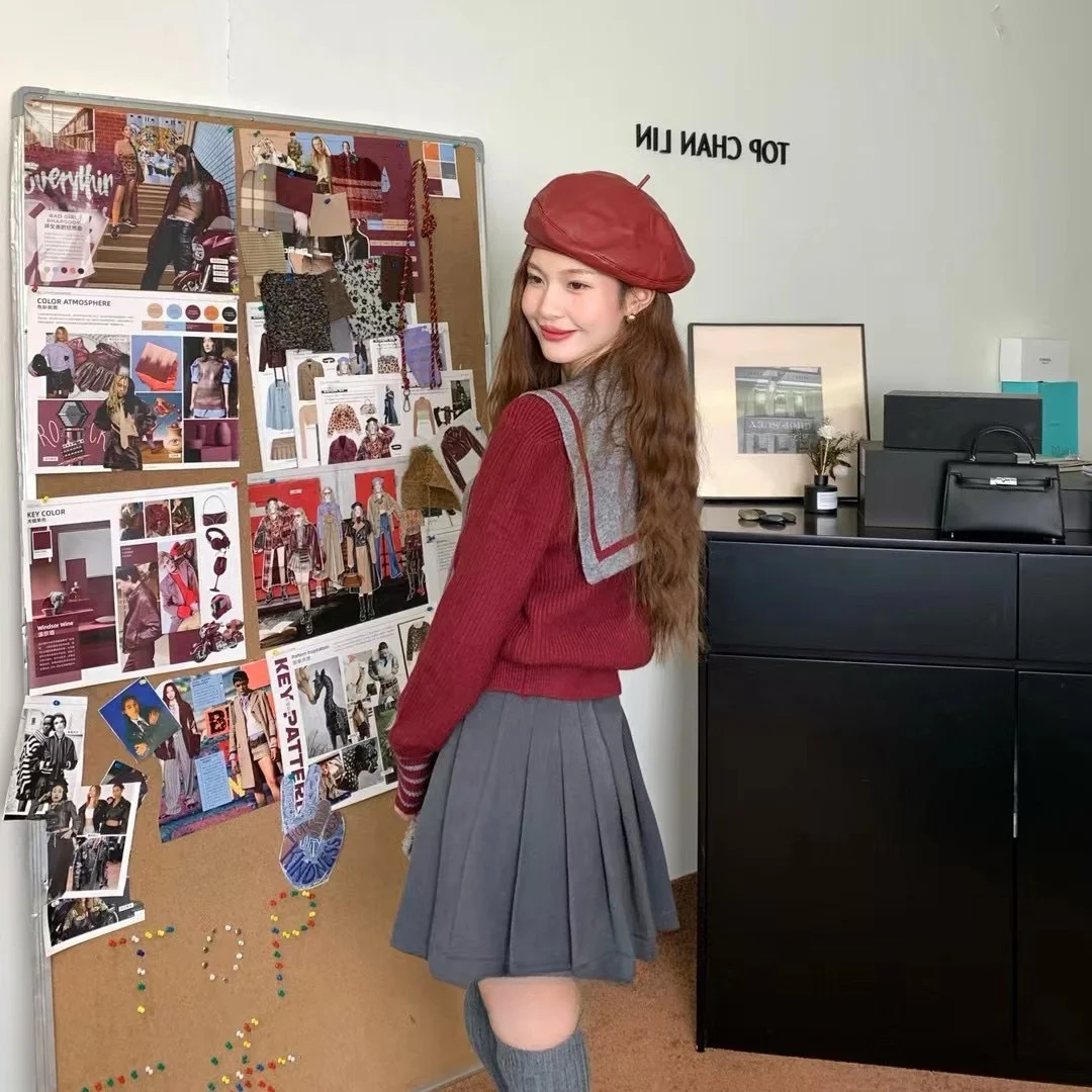 Ele Preppy Sle Strickjacke mit Sa und Bule Navy Collar Thiened Herbstpullover für Damen