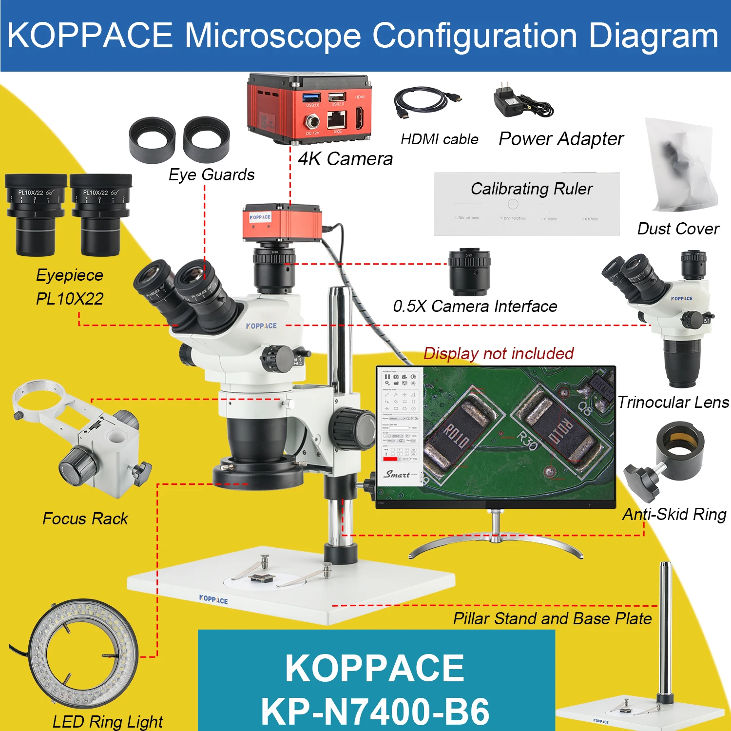 Microscópio eletrônico KOPPACE 26X-174X HD 4K, suporte para fotografia, gravação de vídeo e medição, microscópio estéreo triocular