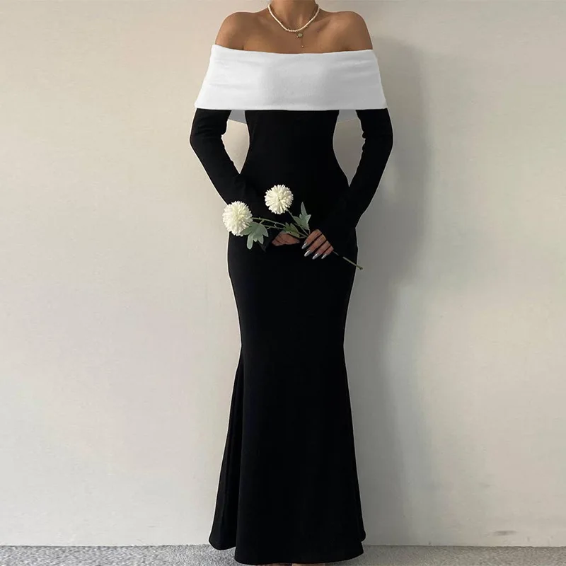 

Classic Colorblock Off Shoulder Winter Long Dress Elegant Patchwork Fishtail Maxi Dresses Slim Evening Formal Occasion Gowns