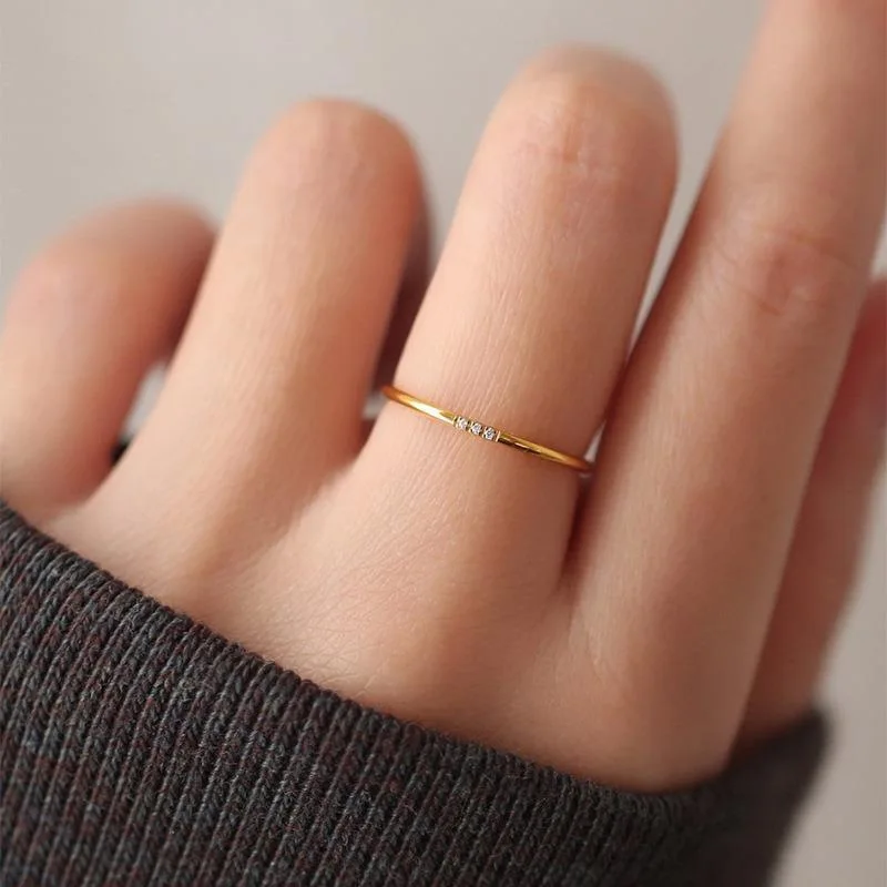 

2025 New Trendy Charm Stainless Steel Plated Paved Tiny Zircon Stackable Ring Golden Color Thin Ring Jewelry