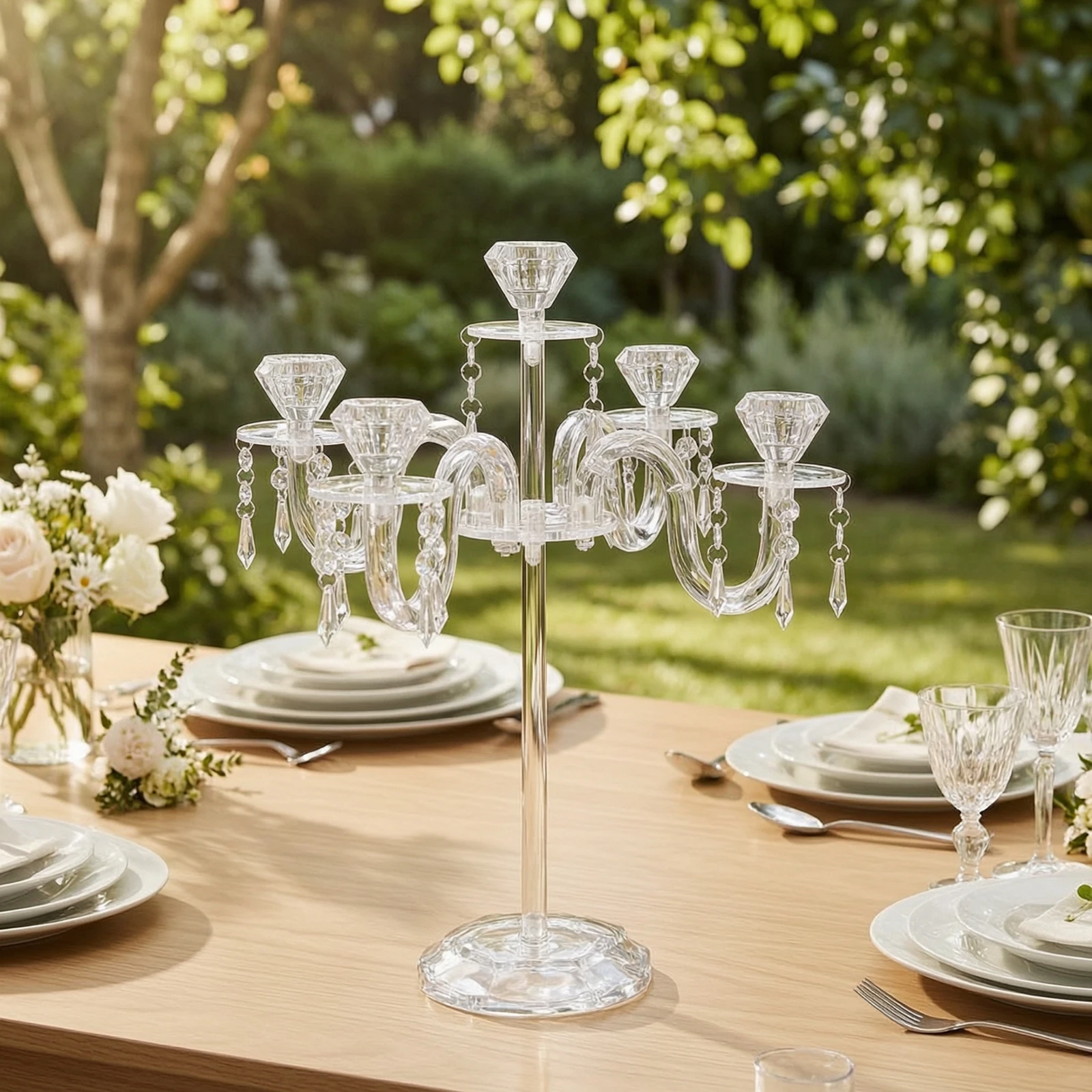 Candélabre à cinq bras brillant avec pendentifs en cristal transparent pour les organisateurs de mariages