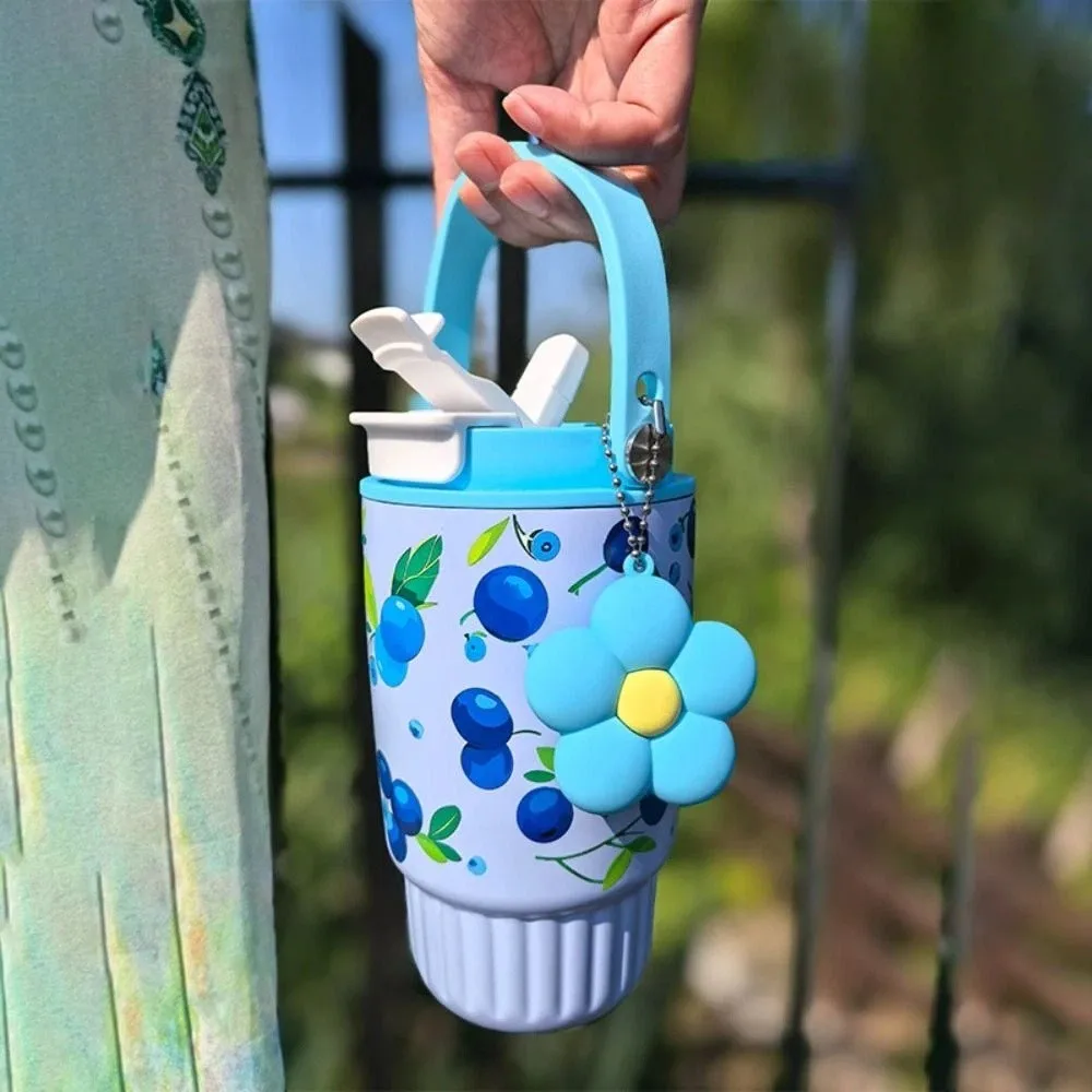 

500 мл соломенная чашка из нержавеющей стали 316, изоляционная или охлаждающая с цветочной подвеской, термосумка, бутылка для воды, клубника, фруктовый принт