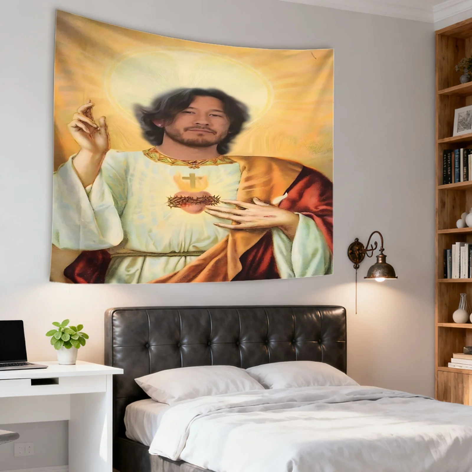 1pc L-Lucifer Xinjiang Meme Tapestry Holy Jesus Parody Wall Hanging Funny Internet Celebrity Bedroom Decor cool room stuff