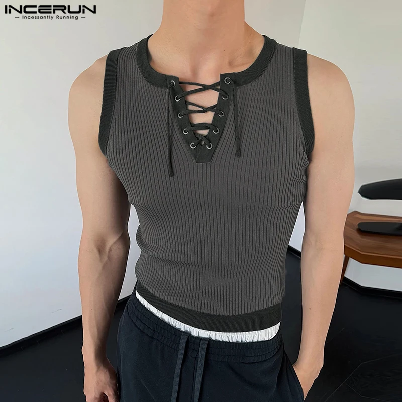 

Fashion Lace-up Top Tee Male Vests Streetwear INCERUN Summer Sleeveless Men Tank Tops Patchwork Men Clothing S-5XL Oversize Tops
