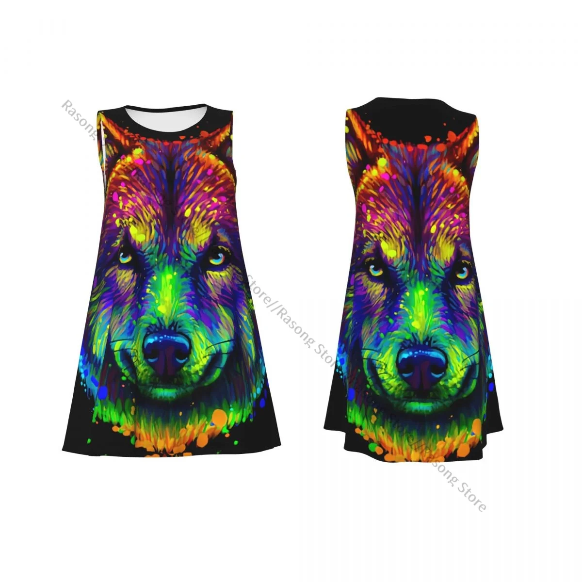 Damesjurk Zomer Casual T-shirt Jurken Strand Cover-up Neon Wolf Head Tank-jurk