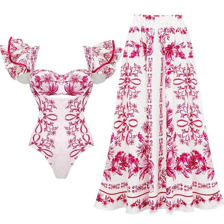 

2024 Women Ruffle Cut Out Lily and Majolica Pattern Print One Piece Swimsuit and Skirt bikini Two piece Bathing Suit Monokini