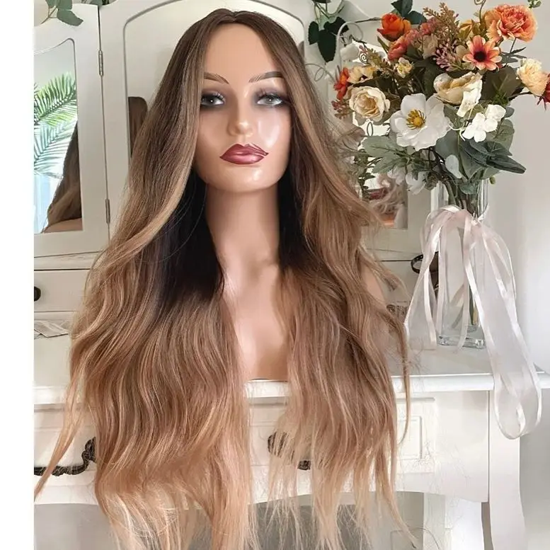 Perruque Lace Front Wig synthétique sans colle, cheveux ondulés, couleur blond miel ombré brun, avec naissance des cheveux pre-plucked