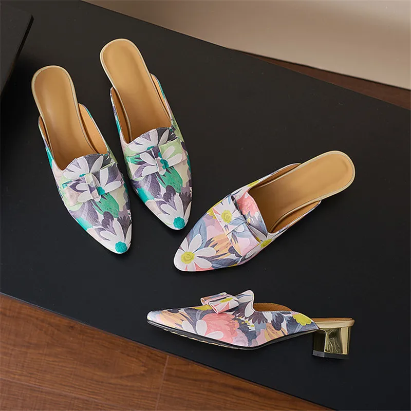 

New Summer Women Slippers Round Toe Shoes for Women Fashion Flower Color Cover Toe Slippers Mid Heels Handmade Women Shoes