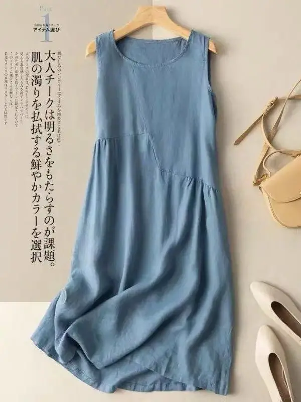 Casual Cotton Linen Sleeveless Vest Long Skirt Summer New Loose Mom Clothes Elegant Slimming Midi Dress Daily Wear A-Line Skirt