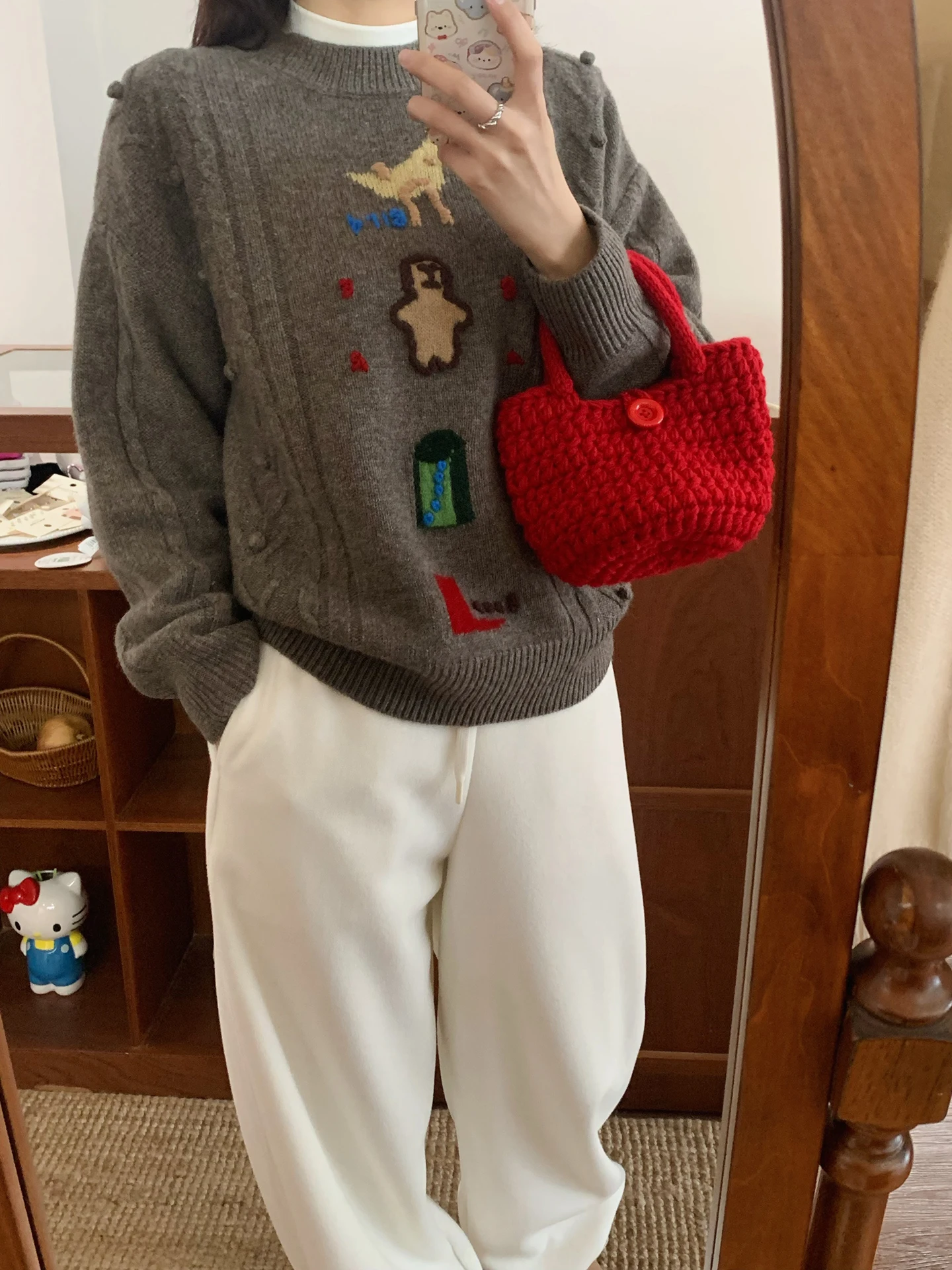 

Корейский свитер-пуловер из 100% шерсти с ручной вышивкой в виде имбирного человечка, свободный крой, круглый вырез, женский топ