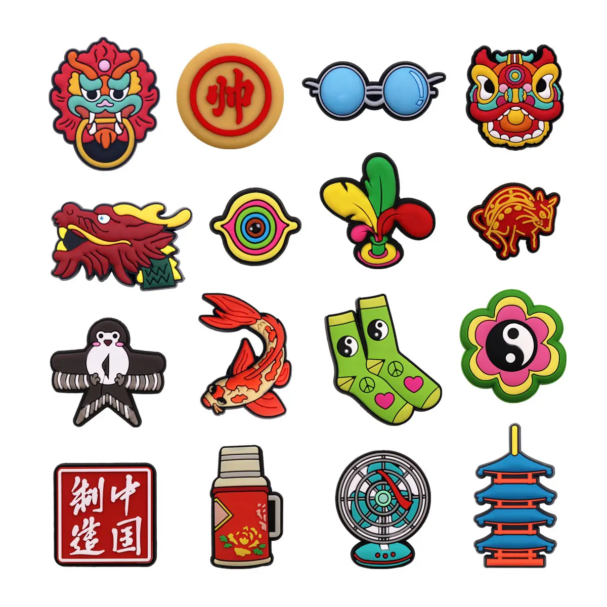 1 Pcs Original Cool Shoe Charms Accessories Lion Dance Carp Dragon Tower PVC Sandals Upper Buckle Badge Clog Pins Decorations