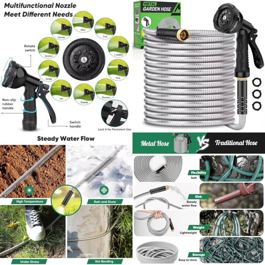 

Garden Hose 50Feet, Heavy Duty Stainless Steel Water Hose with 10 Functional Nozzles, No Kink, Lightweight and Flexible, Easy t
