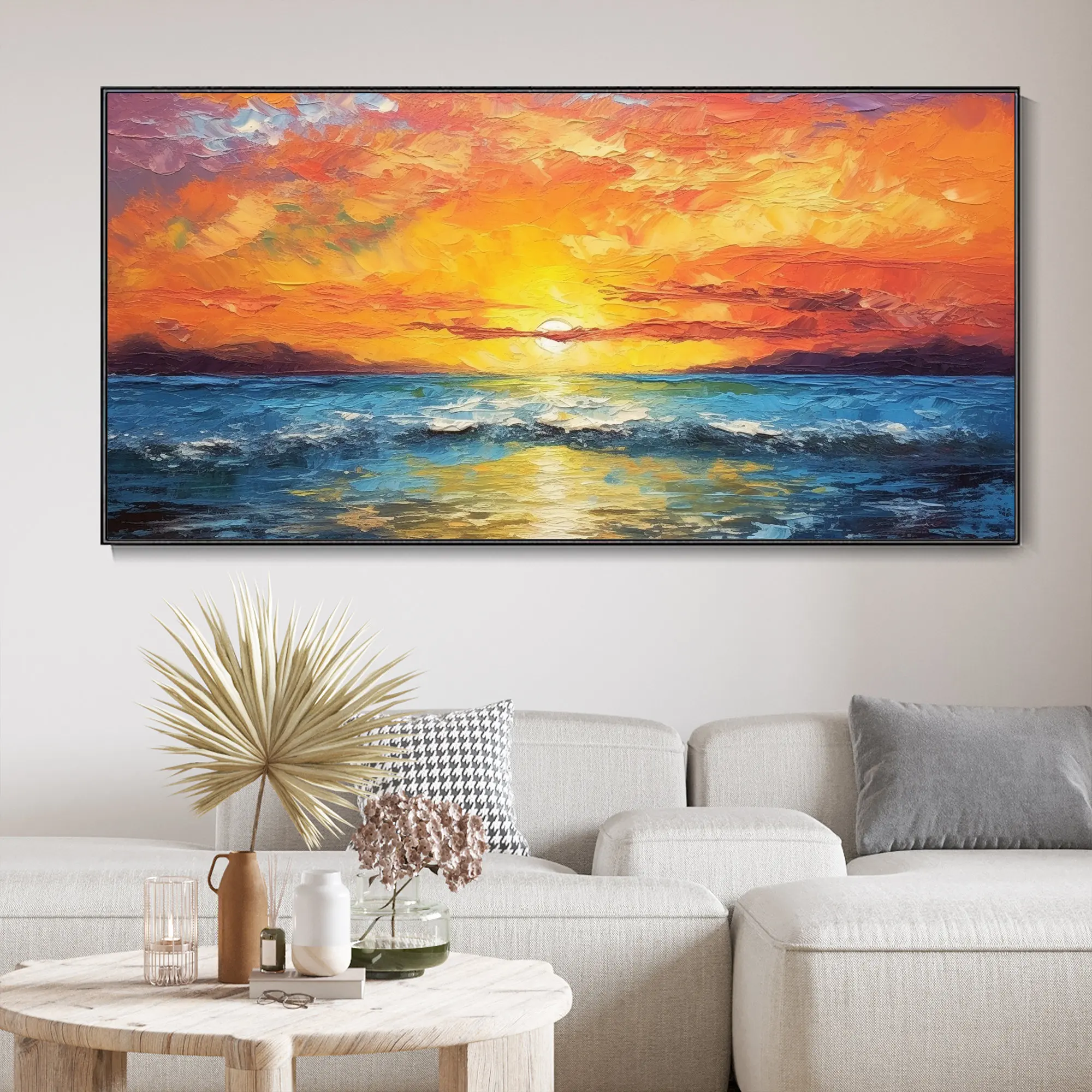 Sunset Over Sea Seascape Canvas Painting Abstract Orange Sky 3D Texture Wave Landscape Poster Print Living Room Home Decor Gifts